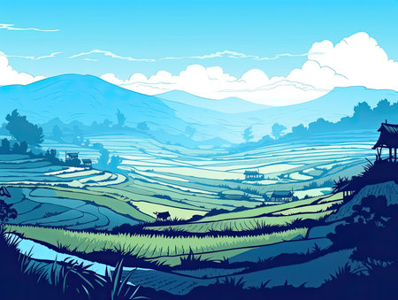 Country farm with water illustration background in blue toning, Generative Aiの素材