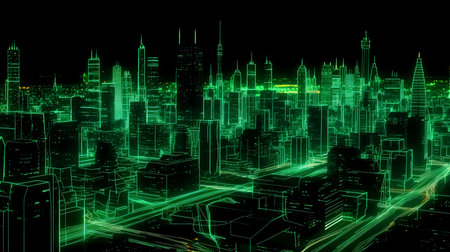 Green Futuristic light city for technology background, Generative Aiの素材