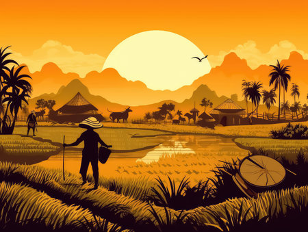 Red Sunset on farm agriculture country background illustration for posterの素材