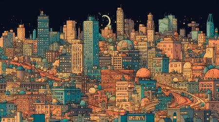 Colorful city skyscrapers background for banner and wallpaper, Generative Ai.の素材