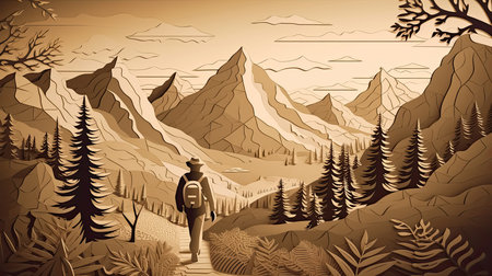 Hiking Mountain Paper cut style for adventure travel in nature concept, Banner and Poster, Generative Aiの素材