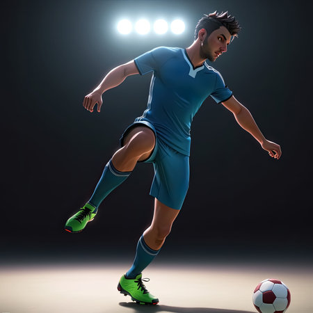 Football player is kicking soccer ball in a stadium with light flare, Generative Aiの素材