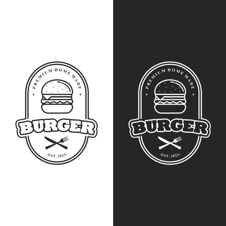 Burger logo vector illustration, burger Shop Label Vector Logo Stamp. Burger logo designのイラスト素材