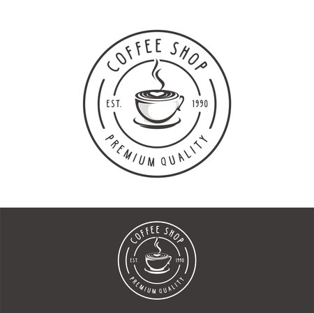 Premium coffee shop logo. Cafe mug icon. Latte aroma symbol. Espresso hot drink cup sign, Vector illustration.のイラスト素材