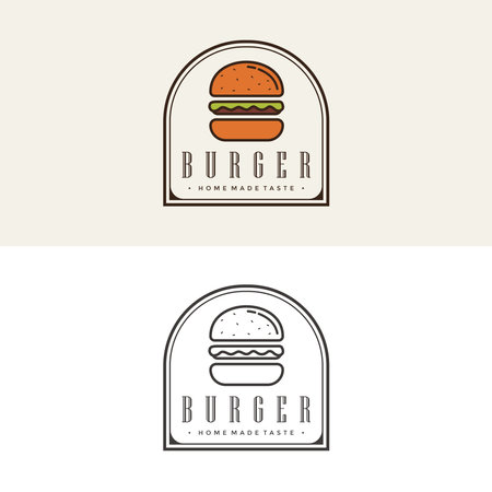 Burger logo vector illustration, burger Shop Label Vector Logo Stamp. Burger logo designのイラスト素材