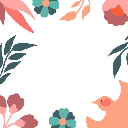 Floral frame with bird. Vector decorative square frame with stylised flowers and bird. Decoration in naive Scandinavian style.のイラスト素材