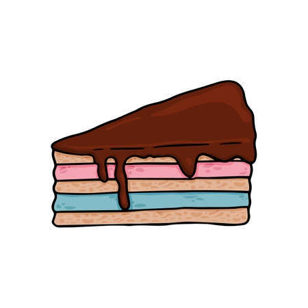 Delicious piece of cake with chocolate topping. vector cake illustration with bright filler on white backgroundのイラスト素材