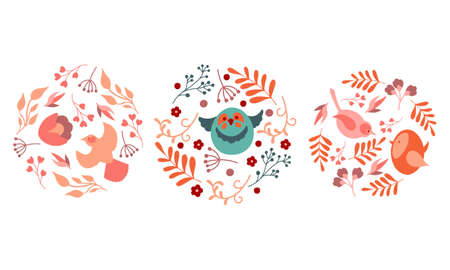 Collection of flowers with birds round compositions in pastel color. Set of vector stock arrangements in circle perfect for celebration card or any print designのイラスト素材