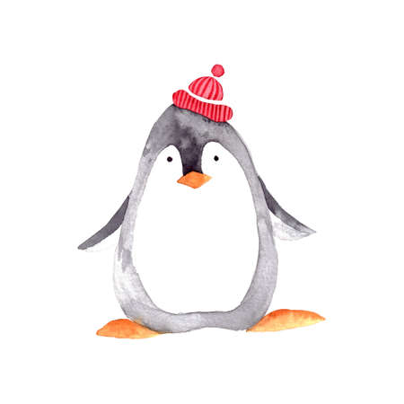 Hand painted watercolor cute Christmas penguin in knitted red hat. Christmas winter character for postcard isolated on white background.の写真素材