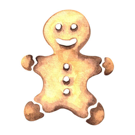Watercolor baked gingerbread for Christmas celebration. New year watercolor element with ginger cookieの写真素材