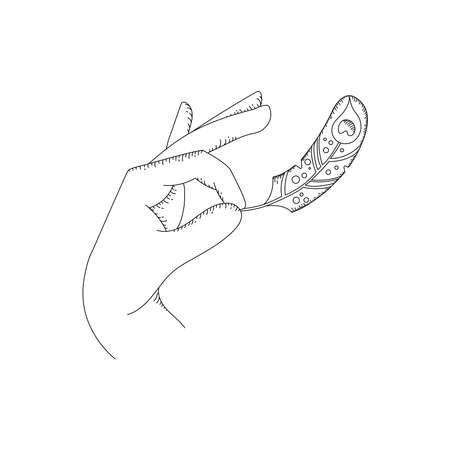 Vector line hand holding feather. Arm illustration of hand. Symbol of tenderness lightness and freedomのイラスト素材