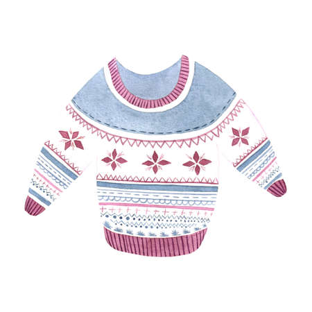 Watercolor cozy Christmas sweater for cold time. Christmas pullover with Christmas pattern on it perfect for card designの写真素材