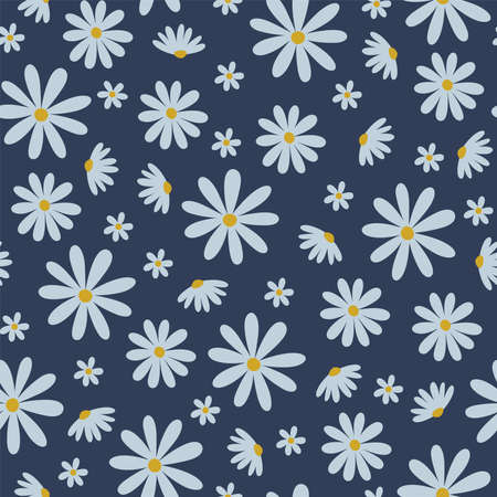 Seamless vector daisy flowers pattern for fabric wallpaper or scrapbook. Vector abstract floral patterns on blue backgroundのイラスト素材