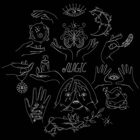 Vector magic set. Mystic and esoteric elements with hands moon eye Crystal ball and feather. Witchcraft collection in doodle style for Halloween design on black backgroundのイラスト素材