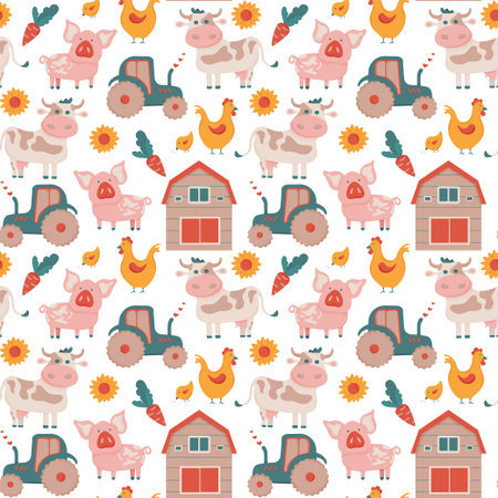 Seamless vector pattern with farm equipment and farm animals. Pig cow chicken hen barn and tractor repeat pattern with small elements like carrot and sunflowerのイラスト素材