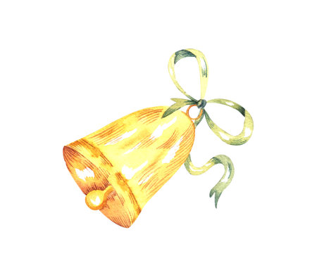 Watercolor Christmas gold bell with green ribbon. Element for Christmas card designの写真素材