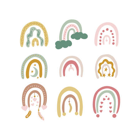 Vector hand drawn collection of cute boho rainbows pastel color.のイラスト素材