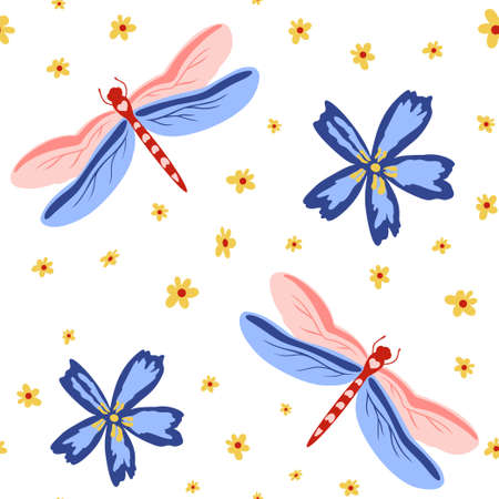 vector seamless pattern with dragonflies and flowersのイラスト素材