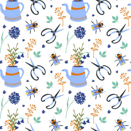 Seamless pattern with garden tools flowers and beeのイラスト素材
