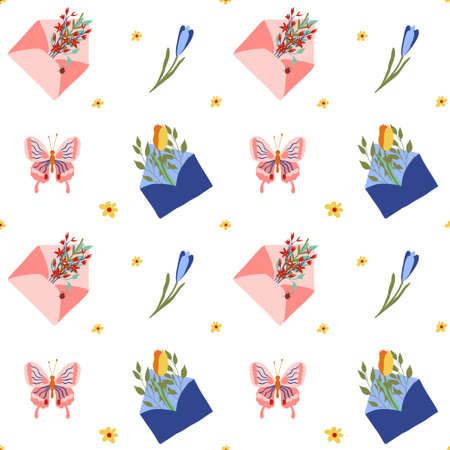 Seamless vector pattern with flowers butterfly envelopes. Love letters blue and pink. Spring vibesのイラスト素材