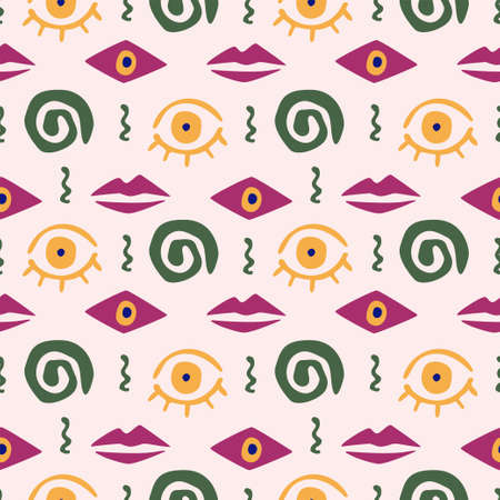 Abstract seamless pattern with lips and eyes. Hand drawn organic shapes for fabric, wrapping paper, textile, wallpaper, home apparel and much more.のイラスト素材