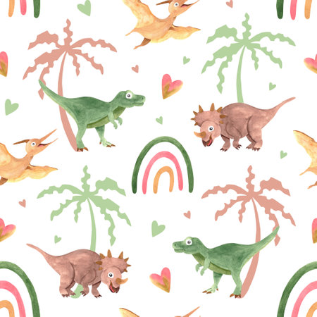 Hand painted watercolor dinosaurs and rainbows seamless pattern with palm tree, on a white background. Dino background illustration for childrenの写真素材
