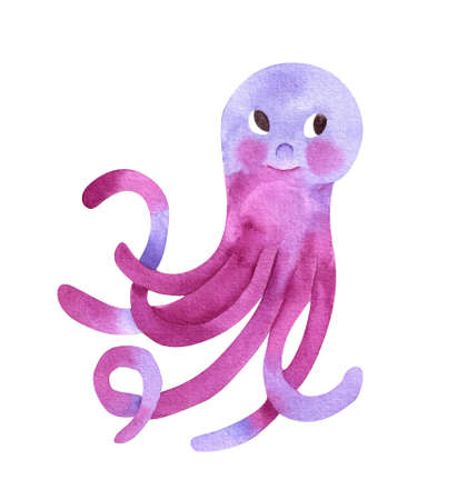Cute octopus watercolor illustration isolated on white backgroundの写真素材