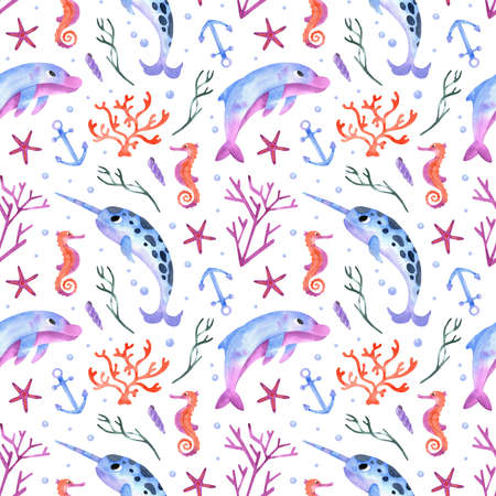 Dolphin and narwhal seamless watercolor pattern. Underwater cute background on white. Sea creatures in oceanの写真素材