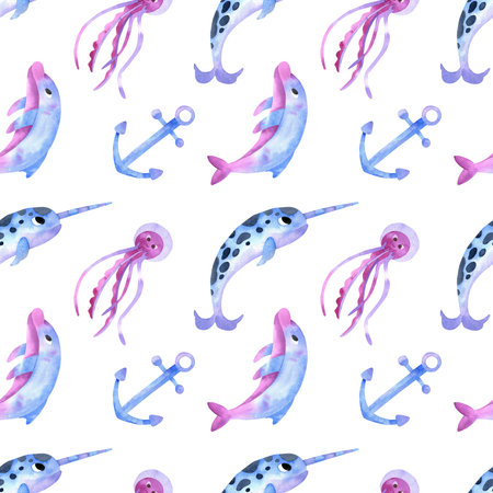 Dolphin, anchor, jelly fish, narwhal seamless watercolor pattern. Underwater cute background on white. Sea creatures in oceanの写真素材