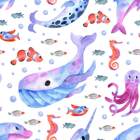 Watercolor sea animals background. Seamless watercolor pattern with whale, horse fish clownfish dolphin and narwhal.の写真素材