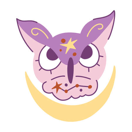 Owl purple hand drawn vector illustration. Mystic owl illustration with stars for kids room or other designのイラスト素材