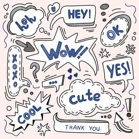 Speech bubbles with hand lettering phrases like, cute, wow, ok, hey, lol, xoxo. Vector pencil drawing collections of speech bubblesのイラスト素材