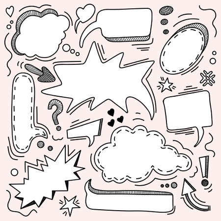 Set of hand drawn speech bubles, dialog bubbles.Hand drawn vector. Talk clouds sketching illustrationのイラスト素材