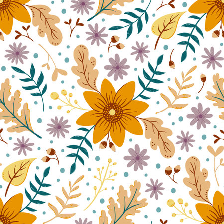 Sunflower autumn seamless pattern on white. Floral pattern with fall leaves and colorful flowers. Thanksgiving backgroundのイラスト素材