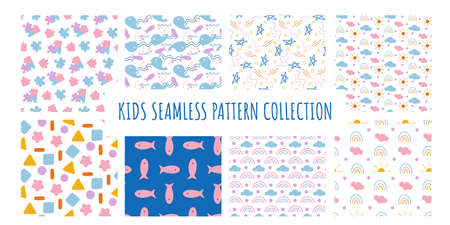 Kids seamless pattern collection. Big set of sea, weather and abstract repeat vector patterns for children fabric, party invitations, scrapbooking and card designのイラスト素材