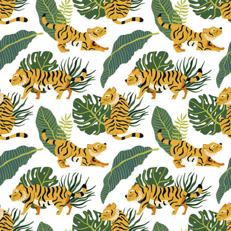 Vector seamless pattern with tigers and tropical leaves on white background. Exotic plants and predator background on whiteのイラスト素材