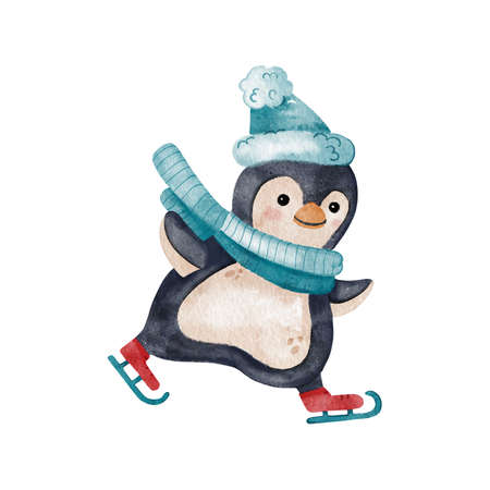 Penguin is skating. Christmas cute watercolor illustration of polar animal isolated on white backgroundの写真素材