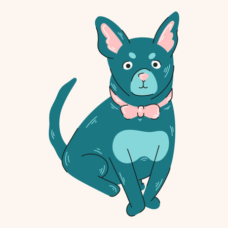 Blue vector dog with bow tie illustration. Colorful print with dogのイラスト素材