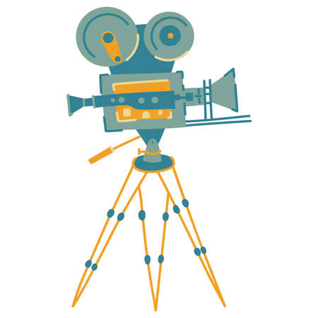 vintage movie camera colorful hand drawn vector illustration. Cartoon retro camera in modern style on whiteのイラスト素材