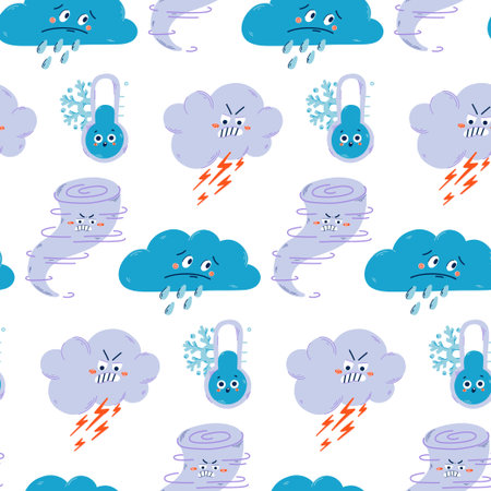 Vector hand drawn bad weather pattern. Cute cloud with lightning and rain seamless pattern