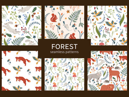 Cute forest animals seamless pattern collection. Woodland hand drawn vector backgrounds set of deer, bear, fox, hedgehog and birds.のイラスト素材