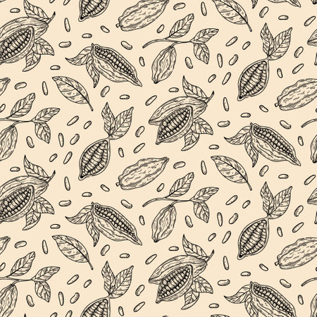 Cocoa branch vector seamless pattern. Chocolate design hand drawn background on white background in sketch style.のイラスト素材
