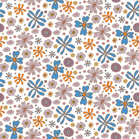 Groovy retro boho flower seamless pattern, vintage 70s digital paper. Hand drawn flower background for fabric, textile, stationery, wallpaper.のイラスト素材