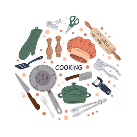 Hand drawn vector cooking and kitchen elements in round composition. Kitchenware and food in circle.のイラスト素材