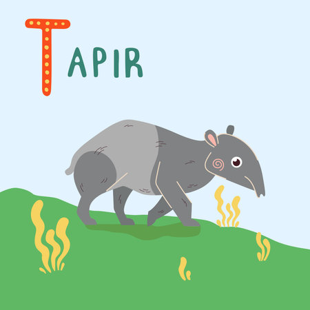 Cute tapir vector illustration. Asian animal with elongated nose in green grass on blue sky