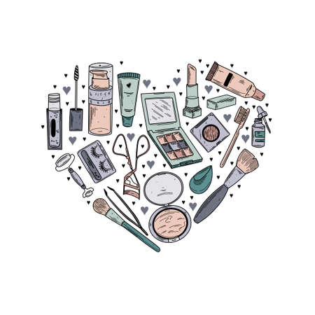 Beauty products and cosmetics hand drawn doodle clip art background in a heart shape.のイラスト素材