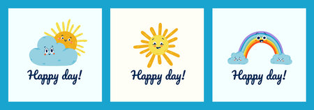 Cute sun, clouds and rainbow says happy day vector illustration set cards for kids. Cute posters for nursery.のイラスト素材