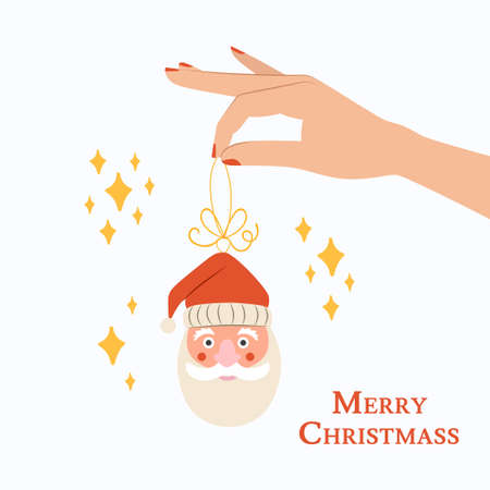 Woman hand with red New Year toy and manicure. Christmas toy of Santa vector illustration.のイラスト素材