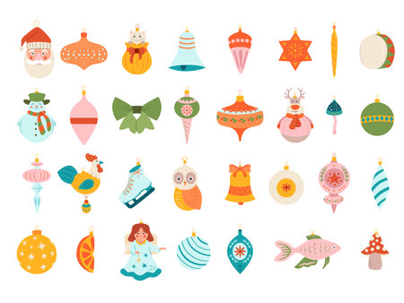 Big collection of vintage Christmas balls bells icicles decorations and ornaments for Christmas tree and home. Isolated vector icon flat illustration.のイラスト素材