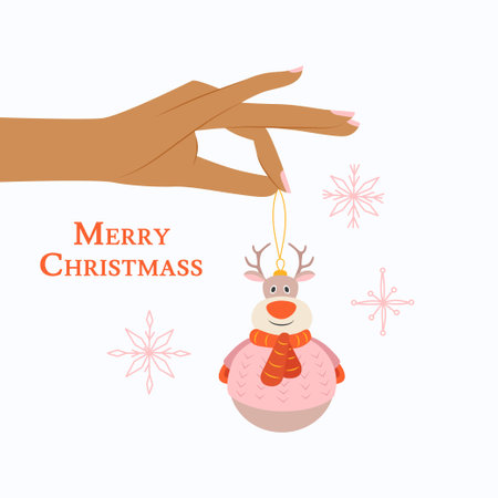 Woman hand with deer New Year toy and manicure. Christmas toy vector illustration.のイラスト素材